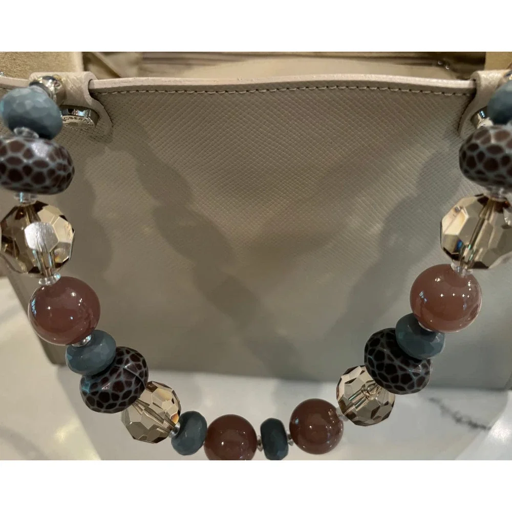Roberta Gandolfi Taupe Leather Handbag with Beaded Handle